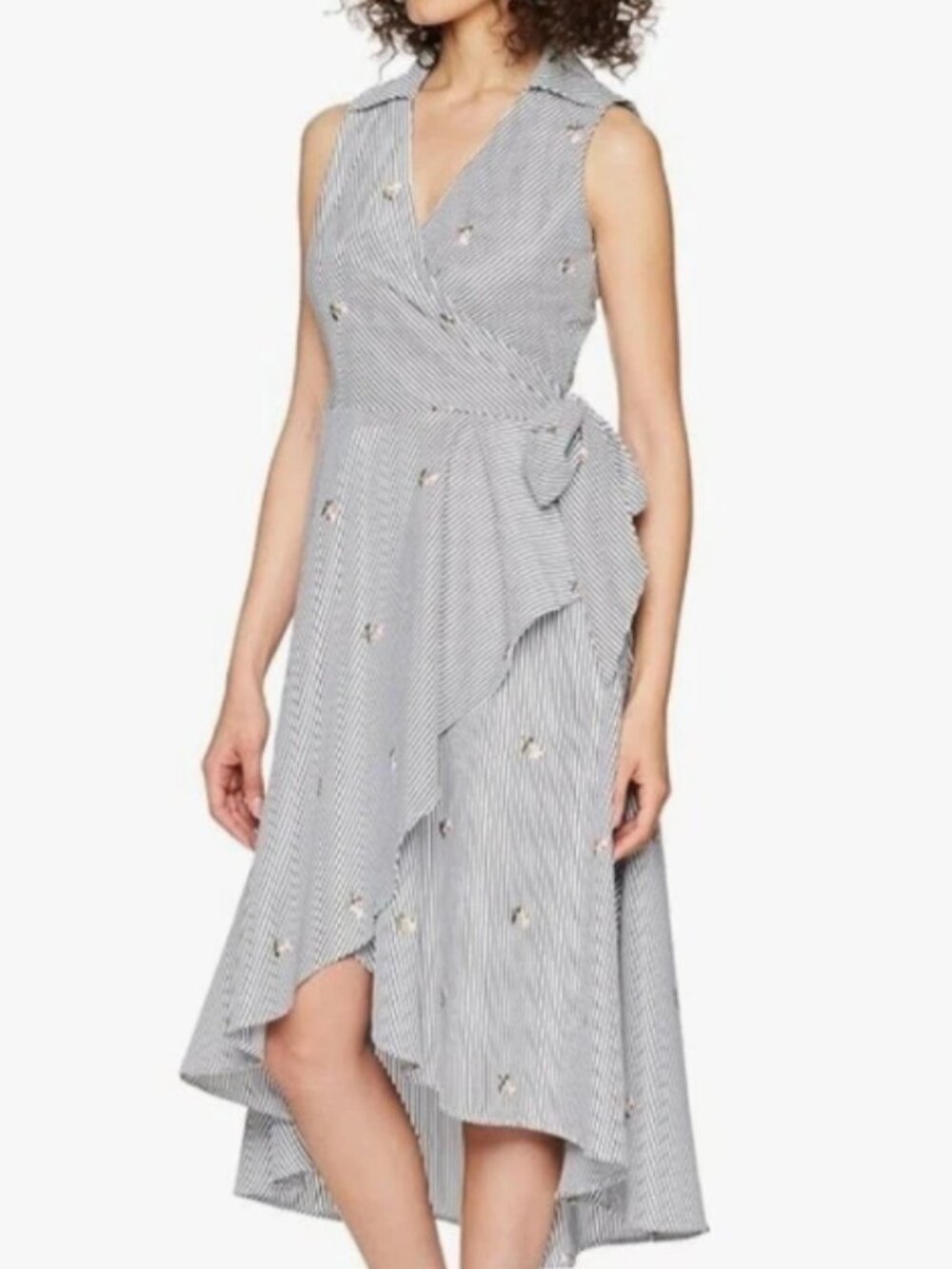 Calvin Klein Dress Women's Size 4 Striped Floral Embroidered Wrap Asymmetrical